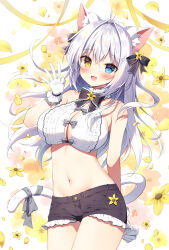 1girl animal_ears arm_behind_back bare_shoulders black_bow black_bowtie black_shorts blue_eyes bow bowtie breasts cat_ears cat_girl cat_tail cleavage commentary_request falling_petals floating_hair gloves hair_between_eyes hair_bow hand_up heterochromia long_hair looking_at_viewer mauve navel original parted_lips petals shorts smile solo stomach tail textless_version white_gloves white_hair yellow_eyes