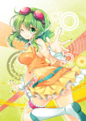 Rule 34 | 1girl, ;q, belt, blazer, blush, boots, breasts, frills, goggles, green eyes, green hair, gumi, headset, jacket, knee boots, layered skirt, bridal garter, legs, looking at viewer, looking back, matching hair/eyes, mocha (naturefour), one eye closed, orange skirt, short hair with long locks, skirt, sleeveless, smile, solo, spread fingers, tongue, tongue out, vocaloid, wink, wrist cuffs