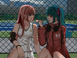 Rule 34 | 2girls, aqua eyes, aqua hair, blue eyes, candy, chain-link fence, chinese commentary, clothes writing, commentary, company name, elbow pads, fence, food, hair ribbon, hatsune miku, headphones, headphones around neck, holding, holding candy, holding food, holding lollipop, jacket, lips, lollipop, long hair, looking at another, megurine luka, multiple girls, outdoors, parted lips, pink hair, red jacket, ribbon, shirt, sitting, skirt, sleeveless, sleeveless shirt, sportswear, tennis court, tennis uniform, twintails, vocaloid, white skirt, zxcv
