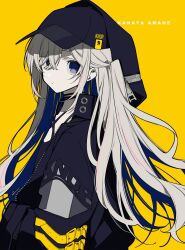 Rule 34 | 1girl, alternate costume, alternate hairstyle, amane kanata, arm cutout, asymmetrical bangs, asymmetrical hair, baseball cap, black camisole, black hat, black jacket, blue eyes, blue hair, camisole, character name, closed mouth, colored inner hair, criss-cross halter, expressionless, from side, grey hair, hair over one eye, halterneck, hat, highres, hololive, hood, hood up, hooded jacket, jacket, long hair, looking at viewer, mochizuki kei, multicolored hair, official art, one side up, open clothes, open jacket, pink hair, simple background, solo, streaked hair, text background, upper body, virtual youtuber, yellow background
