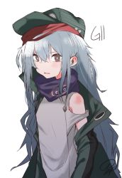 Rule 34 | 1girl, artist name, blush, brown eyes, character name, g11 (girls&#039; frontline), girls&#039; frontline, green jacket, grey eyes, grey hair, hair between eyes, hat, highres, jacket, long hair, looking at viewer, open mouth, shirt, signature, simple background, sleeveless, sleeveless shirt, solo, tosyeo, upper body, white background