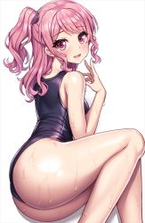 Rule 34 | 1girl, ass, bang dream!, bare arms, bare legs, bare shoulders, blue one-piece swimsuit, blush, feet out of frame, hand up, lambda (kusowarota), looking at viewer, looking back, lying, maruyama aya, medium hair, on side, one-piece swimsuit, one side up, open mouth, pink eyes, pink hair, purple one-piece swimsuit, school swimsuit, sidelocks, simple background, smile, solo, swimsuit, water drop, wet, white background