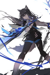 Rule 34 | 1girl, animal ears, arknights, black hair, black pantyhose, black vest, blue shorts, boots, closed mouth, dual wielding, feet out of frame, grey footwear, highres, holding, holding sword, holding weapon, knee boots, long hair, long sleeves, orange eyes, pantyhose, pantyhose under shorts, shirt, shorts, simple background, sketch, solo, standing, sword, tail, texas (arknights), texas the omertosa (arknights), tianye toshi, very long hair, vest, weapon, white background, white shirt, wolf ears, wolf girl, wolf tail