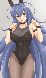 Rule 34 | 1girl, absurdly long hair, animal ears, arcie albano, azur lane, black hair, black leotard, blue eyes, blue hair, bodystocking, choker, cleavage, covered collarbone, covered navel, detached collar, fake animal ears, grey background, hair between eyes, highres, leotard, long hair, looking at viewer, new jersey (azur lane), new jersey (exhilarating steps!) (azur lane), official alternate costume, open mouth, pantyhose, playboy bunny, rabbit ears, see-through, see-through cleavage, solo, very long hair