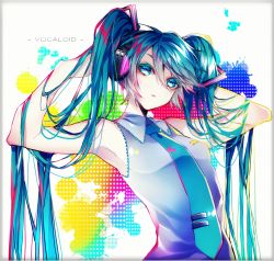 Rule 34 | 1055, 1girl, armpits, arms up, blue eyes, border, collared shirt, colorful, copyright name, expressionless, eyelashes, green hair, hair between eyes, hair ornament, hatsune miku, headphones, highres, holding, holding own hair, long hair, looking at viewer, necktie, pale skin, shirt, simple background, sleeveless, solo, text focus, twintails, very long hair, vocaloid