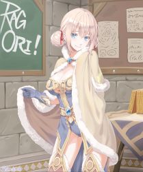 Rule 34 | 1girl, absurdres, blue dress, blue eyes, blue gloves, blush, book, boots, breasts, brown cape, brown footwear, cape, cape hold, chalkboard, cleavage, closed mouth, commentary request, contrapposto, cowboy shot, double bun, drawings, dress, fur-trimmed boots, fur-trimmed cape, fur trim, gloves, hair bun, hair ribbon, highres, indoors, kathryne keyron, masaki shino, medium breasts, pink hair, ragnarok online, ragnarok origin, red ribbon, ribbon, short dress, short hair, smile, solo, thigh boots, thighhighs, wizard (ragnarok online)