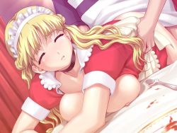 Rule 34 | 00s, 1boy, 1girl, bent over, blonde hair, blush, bottomless, breast press, breasts, choker, cleavage, doggystyle, closed eyes, from behind, game cg, happoubi jin, hetero, large breasts, long hair, maid headdress, nipples, open clothes, open shirt, resort boin, sex, sex from behind, shirt, sweat, torso grab, tsukushino mitsugu, vaginal, waitress
