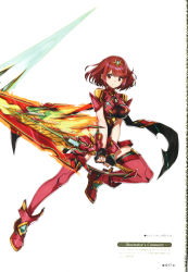 Rule 34 | 1girl, absurdres, aegis sword (xenoblade), black gloves, breasts, closed mouth, earrings, fingerless gloves, full body, gloves, highres, holding, holding sword, holding weapon, jewelry, large breasts, leg up, looking at viewer, official art, page number, pyra (xenoblade), red eyes, red hair, saitou masatsugu, scan, shiny clothes, short hair, short sleeves, simple background, smile, solo, sword, thighhighs, tiara, turtleneck, weapon, xenoblade chronicles (series), xenoblade chronicles 2