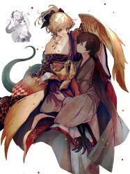 Rule 34 | 084oishi, 1boy, 1girl, bird girl, bird legs, black bow, black hair, bow, bright pupils, closed eyes, feathered wings, grey hair, hair bow, haori, heart, hetero, highres, horns, hug, japanese clothes, jewelry, kimono, looking at another, multiple views, necklace, obi, off shoulder, oni horns, open mouth, original, ponytail, red eyes, sash, single bare shoulder, smile, tail, white background, white pupils, wings
