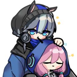 Rule 34 | 2girls, arknights, banbon, blue eyes, blue hair, blue poison (arknights), blush stickers, candy, chibi, closed eyes, commentary request, food, food in mouth, glaucus (arknights), hand on another&#039;s head, hood, hood up, hooded jacket, jacket, korean commentary, lollipop, long sleeves, low twintails, mouth hold, multicolored hair, multiple girls, pink hair, simple background, smile, sparkle, twintails, white background, yuri
