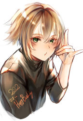 Rule 34 | 1boy, 2022, 86 -eightysix-, absurdres, black sweater, blonde hair, blush, fox shadow puppet, hair between eyes, happy birthday, highres, looking at viewer, navel focus, puckered lips, shintake, simple background, solo, sweater, theoto rikka, upper body, white background
