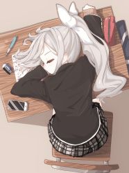 Rule 34 | 1girl, academic test, bow, brown jacket, cellphone, chair, closed eyes, closed mouth, desk, eraser, from above, grey hair, hair bow, highres, higuchi kaede, higuchi kaede (1st costume), jacket, long hair, miniskirt, narue, nijisanji, pen, pencil case, phone, pleated skirt, ponytail, school chair, school desk, school uniform, sitting, skirt, sleeping, smartphone, solo, test score, virtual youtuber, white bow