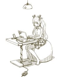 Rule 34 | 1girl, bare legs, barefoot, cable, cellphone, checkered clothes, checkered skirt, computer, full body, himekaidou hatate, kawashina (momen silicon), knees together feet apart, long hair, monochrome, phone, pointy ears, shirt, simple background, sitting, skirt, sleeveless, sleeveless shirt, solo, table, touhou, twintails, white background