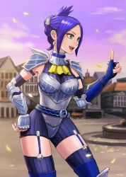 Rule 34 | 1girl, 8686cure, absurdres, arika, armband, armor, belt, blair dame, blue hair, bodysuit, boots, bracer, capcom, cowboy shot, earrings, elbow gloves, elbow pads, evening, fighting ex layer, fingerless gloves, gloves, green eyes, highres, jewelry, knee pads, leotard, outdoors, shoulder armor, solo, street fighter, thigh boots, thigh strap, thighhighs