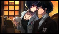 Rule 34 | 10s, 1boy, 1girl, amamiya ren, black hair, blue hair, coffee cup, cup, disposable cup, eye contact, glass door, glasses, highres, id card, lab coat, looking at another, persona, persona 5, short hair, takemi tae, turtleneck, upper body, wada chiyon