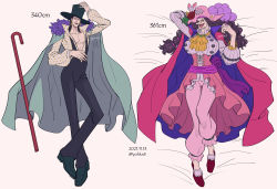 Rule 34 | 1boy, 1girl, abs, arm up, black hair, blouse, breasts, cane, cape, catarina devon, collarbone, collared shirt, dakimakura (medium), earrings, flower, full body, grin, hand on headwear, hat, hat flower, high collar, highres, huge breasts, jewelry, lafitte, lipstick, long hair, long nose, long sleeves, lying, makeup, mature female, on back, one piece, overalls, pale skin, pants, parted lips, pectorals, pirate, pirate hat, rose, sarong, shirt, shoes, short hair, skull and crossbones, smile, toned, toned male, very long hair, youkan (tako)
