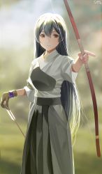 Rule 34 | arrow (projectile), backlighting, bad id, bad pixiv id, black hair, blouse, bow (weapon), brown eyes, dated, day, hakama, hakama skirt, highres, japanese clothes, long hair, love live!, love live! school idol festival, love live! school idol project, outdoors, shirt, skirt, solo, sonoda umi, standing, weapon, white shirt