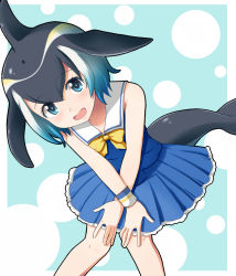 Rule 34 | 10s, 1girl, bare shoulders, black hair, blonde hair, blue eyes, blue hair, blush, bow, bowtie, cetacean tail, common dolphin (kemono friends), dolphin ears, fins, fish tail, head fins, highres, kemono friends, mono (mono60), multicolored hair, open mouth, sailor collar, solo, tail, white hair