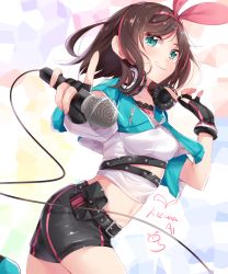 Rule 34 | 1girl, belt, belt buckle, black belt, black gloves, black shorts, blue jacket, breasts, brown hair, buckle, character name, collarbone, commentary, crop top, fingerless gloves, gloves, green eyes, grin, hair ribbon, hand up, headphones, headphones around neck, heart, highres, holding, holding microphone, index finger raised, jacket, kizuna ai, kizuna ai (a.i. games), kizuna ai inc., medium breasts, microphone, multicolored hair, nahaki, navel, official alternate costume, open clothes, open jacket, parted bangs, pink hair, pink ribbon, ribbon, shirt, short hair, short shorts, shorts, smile, smirk, solo, streaked hair, virtual youtuber, white shirt