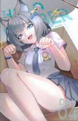 Rule 34 | 1girl, absurdres, animal ears, anzailee, aqua eyes, blue necktie, blue skirt, box, cardboard box, cat ears, cat teaser, collared shirt, fangs, grey hair, highres, hololive, hololive indonesia, in box, in container, indonesian flag, indonesian high school uniform, looking at viewer, necktie, open mouth, paw pose, pleated skirt, school uniform, shade, shirt, short hair, short sleeves, skirt, solo, upper body, vestia zeta, virtual youtuber, white shirt, wristband