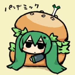 Rule 34 | 1girl, chan co, chibi, food, burger, hatsune miku, in food, pun, solo, spring onion, vocaloid
