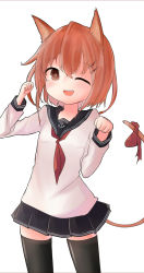 Rule 34 | 10s, 1girl, anchor symbol, animal ears, brown eyes, brown hair, cat ears, cat tail, hair ornament, hairclip, hands up, ikazuchi (kancolle), kantai collection, kemonomimi mode, looking at viewer, neckerchief, one eye closed, open mouth, re rally, red neckerchief, ribbon, school uniform, serafuku, short hair, skirt, solo, tail, thighhighs