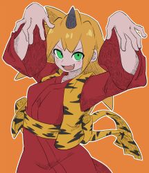 Rule 34 | 1girl, absurdres, black vest, blonde hair, blush, buzzlyears, commentary, fang, ghost pose, green eyes, highres, horns, looking at viewer, medium hair, mega man (series), mega man legends (series), muted color, oni, orange background, red robe, robe, roll caskett (mega man), simple background, single horn, solo, striped clothes, striped vest, two-tone vest, vest, yellow vest