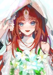 Rule 34 | 1boy, 1girl, alternate costume, blue eyes, blush, bouquet, bridal veil, corrupted twitter file, dress, drop earrings, earrings, flower, genshin impact, hair flower, hair ornament, highres, holding, holding bouquet, jewelry, long hair, looking ahead, looking at viewer, mayu mey, nilou (genshin impact), open mouth, pov, red hair, simple background, sleeveless, sleeveless dress, solo focus, teeth, tongue, upper teeth only, veil, wedding, wedding dress, white background, white dress, white flower