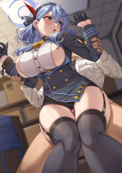 Rule 34 | 1boy, 1girl, absurdres, ako (blue archive), bell, black skirt, black thighhighs, blue archive, blue eyes, blue hair, blue jacket, blush, breasts, censored, collar, frottage, garter straps, gloves, grinding, hair between eyes, hairband, half gloves, halo, hetero, highres, jacket, large breasts, long hair, long sleeves, looking back, momo no sukebe, neck bell, open mouth, penis, sensei (blue archive), sideboob, sitting, sitting on person, skirt, thigh sex, thighhighs, thighs