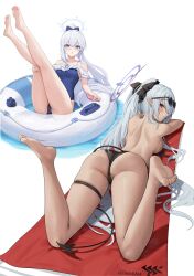 Rule 34 | 2girls, absurdres, ass, bikini, black bikini, black ribbon, blue archive, blue bow, blue one-piece swimsuit, bow, breasts, cbmus, cellphone, demon tail, eyewear on head, frilled one-piece swimsuit, frills, grey hair, hair bow, hair ribbon, highres, innertube, iori (blue archive), iori (swimsuit) (blue archive), miyako (blue archive), miyako (swimsuit) (blue archive), multiple girls, official alternate costume, one-piece swimsuit, phone, pointy ears, ponytail, purple eyes, red eyes, ribbon, small breasts, smartphone, sunglasses, swim ring, swimsuit, tail, twintails, white hair