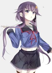 Rule 34 | 10s, 1girl, aged up, bad id, bad pixiv id, blush, commentary request, crescent, crescent hair ornament, grey background, hair ornament, highres, kantai collection, long sleeves, looking at viewer, neck ribbon, pleated skirt, purple eyes, purple hair, ribbon, sailor collar, sameya, school uniform, short hair with long locks, simple background, skirt, solo, stomach, yayoi (kancolle)