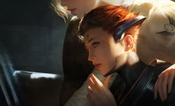 Rule 34 | 2girls, arm around shoulder, backlighting, blonde hair, eyelashes, finger to own chin, from side, head out of frame, lips, looking afar, mercy (overwatch), moira (overwatch), multiple girls, nose, overwatch, overwatch 1, parted lips, realistic, red hair, short hair, upper body, wang chen