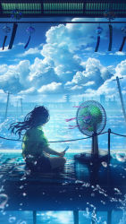 Rule 34 | 1girl, bare legs, black hair, blue shorts, blue sky, blue theme, cityscape, cloud, commentary, crossed legs, cumulonimbus cloud, electric fan, facing away, food, highres, holding, holding food, indian style, lake, medium hair, original, outdoors, pineapple print, popsicle, scenery, shirt, short sleeves, shorts, sitting, sky, solo, sugi87, utility pole, water drop, wind chime, yellow shirt