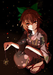 Rule 34 | 1girl, alternate costume, alternate hair color, alternate hairstyle, blush, bow, breasts, brown hair, earrings, floral print, full body, fuoco, hair between eyes, hair bow, highres, japanese clothes, jewelry, kimono, light particles, long sleeves, looking at viewer, medium breasts, no socks, obi, orange eyes, red eyes, reiuji utsuho, sash, short hair, slit pupils, solo, sparkle, squatting, toes, touhou, wide sleeves