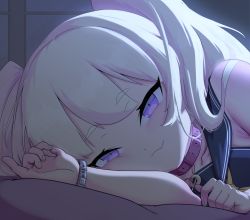 Rule 34 | 1girl, :3, absurdres, azur lane, bache (azur lane), bed sheet, blurry, bracelet, collar, collarbone, commentary request, depth of field, eyes visible through hair, female focus, fenrir (1121468952), from side, half-closed eyes, highres, jewelry, light brown hair, long hair, looking at viewer, looking to the side, lying, on bed, on side, pinky out, purple eyes, sailor collar, sidelocks, smile, solo, thick eyebrows, twintails, window