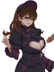 Rule 34 | 1boy, 1girl, after paizuri, becky-4545, black dress, blue eyes, bonnet, breasts, brown hair, censored, cleavage, cleavage cutout, clothing cutout, cowboy shot, cum, cum on body, cum on breasts, cum on clothes, cum on upper body, cum string, doll joints, dress, drooling, frilled dress, frills, gothic lolita, hair down, hairband, half-closed eyes, heart cutout, highres, idolmaster, idolmaster million live!, idolmaster million live! theater days, joints, large breasts, lolita fashion, lolita hairband, long hair, mosaic censoring, out of frame, paizuri, paizuri under clothes, penis, perpendicular paizuri, satake minako, simple background, smile, solo focus, white background