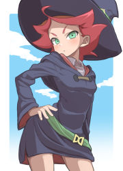 Rule 34 | 1girl, amanda o&#039;neill, blush, gazacy (dai), green eyes, hand on own hip, hat, highres, little witch academia, looking at viewer, orange hair, short hair, solo, witch hat