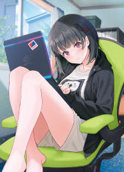 Rule 34 | 1girl, barefoot, black hair, black jacket, blurry, blurry background, breasts, chair, closed mouth, commentary request, computer, crossed legs, depth of field, drawstring, feet out of frame, grey shorts, hair ornament, hairclip, head tilt, highres, hood, hood down, hooded jacket, hyuuga azuri, indoors, jacket, knees up, laptop, long sleeves, looking at viewer, medium breasts, office chair, on chair, original, red eyes, shirt, short shorts, shorts, sleeves past wrists, solo, swivel chair, white shirt, window