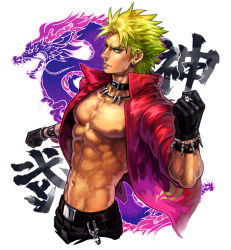 Rule 34 | 1boy, abs, belt, black gloves, blonde hair, buckle, chair, character name, collar, dragon, ear piercing, gloves, hare (starman hal), jewelry, kanji, male focus, muscular, necklace, nipples, open clothes, open shirt, pectorals, piercing, popped collar, ring, shen woo, shirt, snk, solo, spiked hair, tan, tattoo, the king of fighters