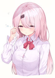 Rule 34 | 1girl, absurdres, blush, bow, bowtie, closed mouth, dress shirt, eyes visible through hair, hair between eyes, hair ornament, hairclip, half-closed eyes, hand up, highres, long hair, long sleeves, nijisanji, pink hair, racchi., red bow, red bowtie, red eyes, shiina yuika, shirt, simple background, solo, upper body, virtual youtuber, white background, white shirt, wing collar
