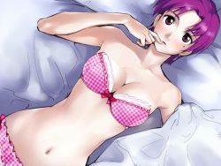 Rule 34 | 1girl, bare shoulders, bazett fraga mcremitz, bed, bed sheet, blush, bra, breasts, cleavage, earrings, fate/stay night, fate (series), female focus, jewelry, lingerie, lips, lying, midriff, mole, navel, on back, panties, pink bra, pink panties, purple eyes, purple hair, short hair, solo, strapless, strapless bra, underwear