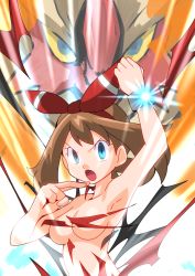 Rule 34 | 1girl, blaziken, blue eyes, breasts, brown hair, creatures (company), energy, exploding clothes, female focus, game freak, gen 3 pokemon, hainchu, may (pokemon), mega blaziken, mega pokemon, mega stone, navel, nintendo, nude, pokemon, pokemon (creature), serious, short hair, torn clothes