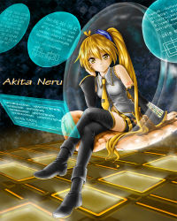 Rule 34 | 1girl, akita neru, ankle boots, blonde hair, boots, colorized, detached sleeves, long hair, looking at viewer, necktie, routo (rapi), side ponytail, smile, solo, thighhighs, very long hair, vocaloid, yellow eyes, yellow necktie
