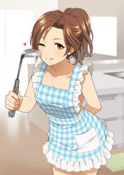 Rule 34 | 1girl, ;q, apron, arm behind back, bare arms, bare shoulders, blush, breasts, brown eyes, brown hair, cleavage, closed mouth, collarbone, cowboy shot, frilled apron, frills, holding, idolmaster, idolmaster cinderella girls, indoors, kawashima mizuki, ladle, mattaku mousuke, medium breasts, naked apron, one eye closed, parted bangs, plaid, plaid apron, ponytail, smile, solo, tongue, tongue out, wooden floor
