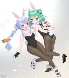 Rule 34 | 2girls, animal ear fluff, animal ears, back, backless outfit, bare shoulders, black footwear, black gloves, black pantyhose, blue hair, blush, bow, braid, breasts, carrot, carrot hair ornament, cleavage, closed mouth, double bun, earrings, extra ears, eyebrows, fake animal ears, fishnet pantyhose, fishnets, food-themed hair ornament, full body, gloves, green hair, grey background, hair bun, hair ornament, hand grab, hand on own chest, holding hands, hololive, jewelry, leotard, long braid, long hair, looking at viewer, medium breasts, multicolored hair, multiple girls, naomi (fantasia), open mouth, pantyhose, playboy bunny, rabbit ears, rabbit girl, rabbit tail, red eyes, short hair, small breasts, smile, tail, teeth, thick eyebrows, thighhighs, thighs, twin braids, two-tone hair, upper teeth only, uruha rushia, usada pekora, usada pekora (1st costume), very long hair, virtual youtuber, white bow, white footwear, white hair