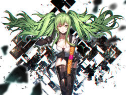 Rule 34 | 1girl, black gloves, black thighhighs, blurry, breasts, calico light weapons systems, calico m950, calico m950a, cheek pistol, collarbone, depth of field, detached collar, double-stack magazine, elbow gloves, floating hair, girls&#039; frontline, gloves, green eyes, green hair, gun, hanagata, hand up, handgun, helical magazine, high-capacity magazine, holding, holding gun, holding weapon, leaning forward, long hair, looking at viewer, m950a (girls&#039; frontline), machine pistol, medium breasts, orange gloves, parted lips, pistol, short sleeves, solo, thighhighs, thighs, tsurime, twintails, weapon