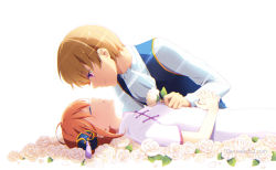 Rule 34 | 1boy, 1girl, a4 (drpnd), blonde hair, closed mouth, dress, closed eyes, flower, from side, gintama, hand on another&#039;s chest, own hands clasped, holding, holding flower, kagura (gintama), light beam, long sleeves, looking at another, lying, okita sougo, on back, orange hair, own hands together, parted lips, petals, purple eyes, rose, shirt, short hair, short sleeves, smile, watermark, web address, white background, white flower, white rose, white shirt