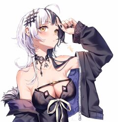 Rule 34 | 1girl, ahoge, armpit crease, bare shoulders, black camisole, black hair, black nails, breasts, camisole, cleavage, collarbone, fur trim, hair ornament, highres, hololive, hololive english, jacket, jacket partially removed, kuri (animejpholic), medium breasts, medium hair, mouth hold, multicolored hair, nail polish, off shoulder, open mouth, shiori novella, shiori novella (1st costume), simple background, solo, stalk in mouth, two-tone hair, upper body, virtual youtuber, white background, white hair, yellow eyes