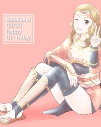 Rule 34 | 1girl, ;d, brown hair, character name, dated, fire emblem, fire emblem fates, hana (fire emblem), happy birthday, headband, kneehighs, long hair, nintendo, one eye closed, open mouth, pink background, sandals, simple background, single kneehigh, single sock, single thighhigh, sitting, smile, socks, solo, thighhighs, tico