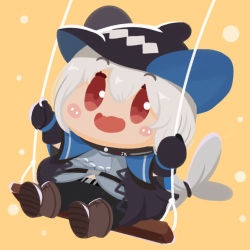 Rule 34 | 1girl, :d, arknights, black gloves, black hat, black pants, blush stickers, boots, brown footwear, chibi, chinese commentary, commentary request, eyes visible through hair, gloves, grey shirt, hair between eyes, hat, lieyan huangzi, long hair, midriff, open mouth, orange background, pants, red eyes, shirt, shoe soles, silver hair, sitting, skadi (arknights), smile, solo, swing